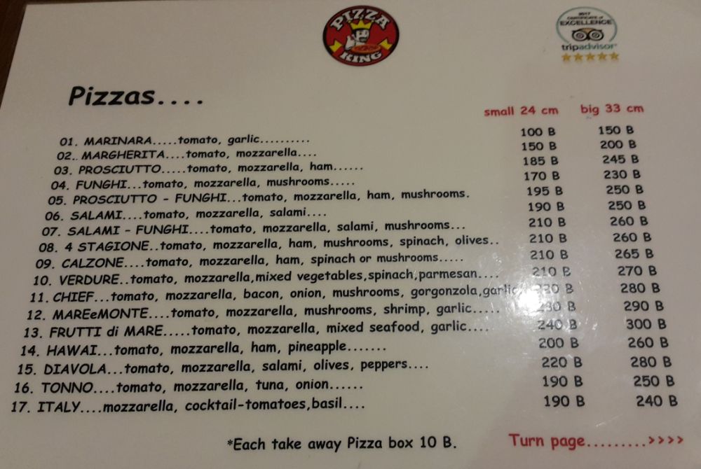 The menu at Pizza King